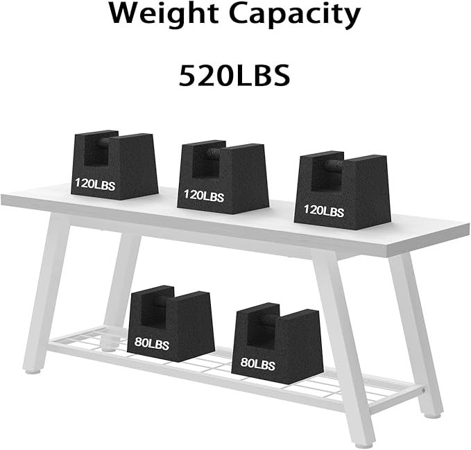 Industrial Entryway Bench Rustic Wood and Metal Storage Bench for Indoor Living Dining Room Bedroom Long Shoe Benches Seat (White)