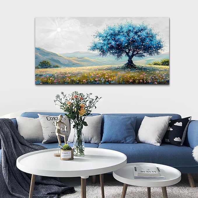FUHAIHUA Canvas Wall Art For Living Room Modern Wall Decor For Bedroom Office Wall Decoration Pastoral Landscape Painting Blue Tree Pictures Artwork Ready To Hang Room Aesthetic Home Decor 20x40 In