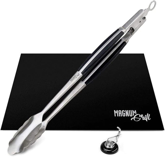 Grilling Accessories by Magnum Grill - 3 Piece BBQ Tools Set with 18" Grill Tongs for Cooking, BBQ Grill Mat and Extra Strong Magnetic Hook for Hanging on Barbeque - Heavy Duty Metal Tongs Grill Set