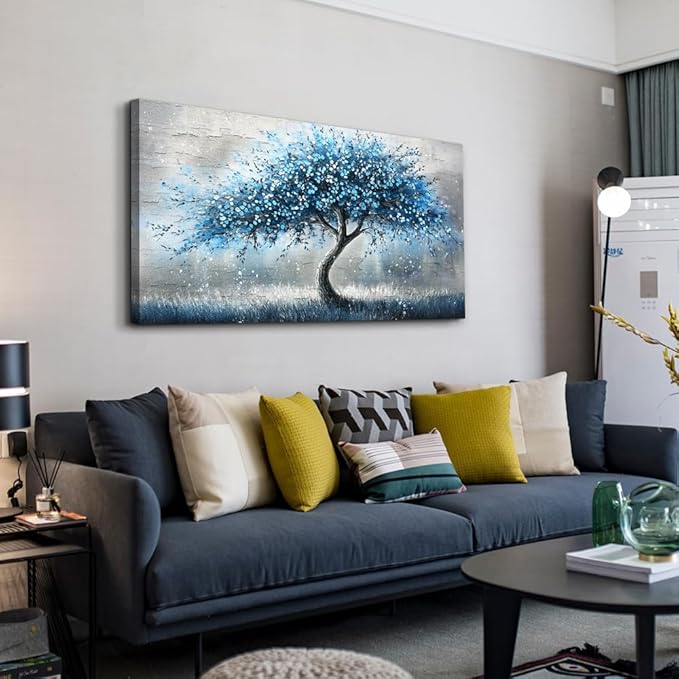 hyidecorart Wall Art For Living Room Wall Decor For Bedroom Abstract Canvas Painting Blue Tree Pictures Large Panoramic Landscape Artwork Office Decorations Modern Posters Ready To Hang Home Decor