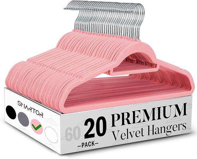 Smartor Pink Velvet Hangers 20 Pack, Space Saving Clothes Hanger with Tie Bar, Non-Slip Felt Hangers with Shoulder Notches, Heavy Duty Suit Hanger for Coat, Shirt, Pants, Dress