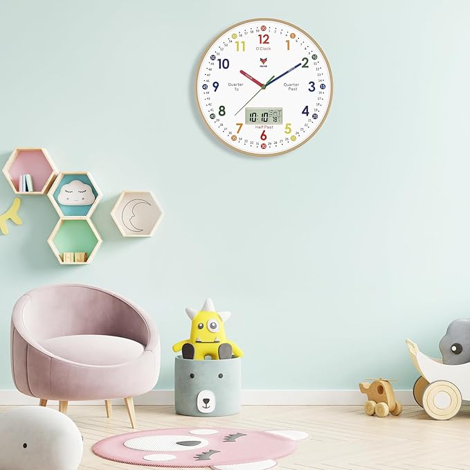 Foxtop Digital and Analog Learning Clock for Kids - Telling Time Teaching Clock 12 Inch Silent Non-Ticking Battery Operated Kids Wall Clock for Playroom Nursery Classroom School