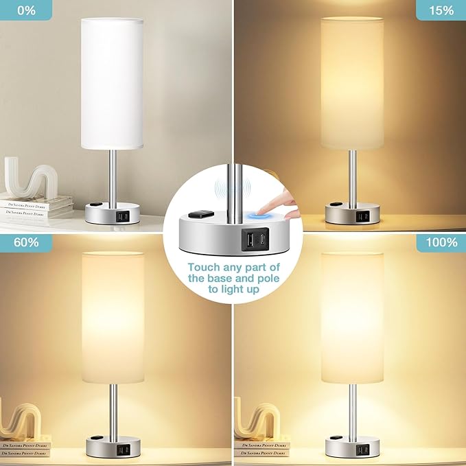 White Touch Bedroom Table Lamp - 3 Way Dimmable Bedside Lamp USB C A Charging Ports and AC Outlet, Small Lamp Nightstand with Silver Base for Living Room, Office Desk, LED Bulb Included
