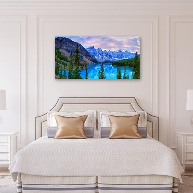 Banff National Park Canvas Wall Art for Living Room Wall Decor Nature Landscape Canvas Picture Blue Sky Mountain Forest Canvas Print Artwork Office Home Wall Decoration Framed Ready to Hang 24" x 48"