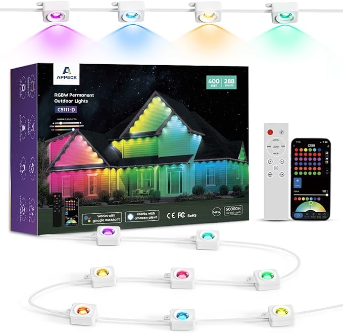 APPECK Permanent Outdoor Lights 400ft with 288 LED Lights, 144W Smart RGBW Eaves Lights, DC 36V, 40LM, IP67 Waterproof String Lights for Halloween Christmas Decor, Compatible with Alexa, White