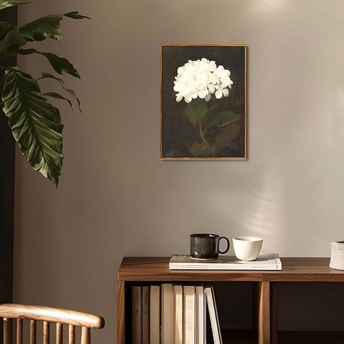 Djmwtb Vintage Framed Wall Art White Hydrangea Canvas Wall Art Minimalist Floral Art Prints Flower Botanical Painting Pictures Wall Decor Artwork for Living Room Bedroom Bathroom 8x10in