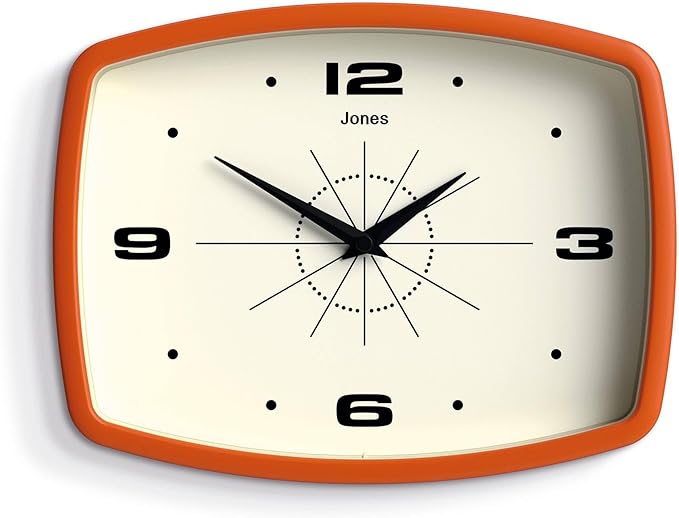 JONES CLOCKS® Movie Wall Clock | Rectangular Retro Clock | 10 inch | Orange | Cool mid-Century Designer Look for Kitchen, Living Room or Office