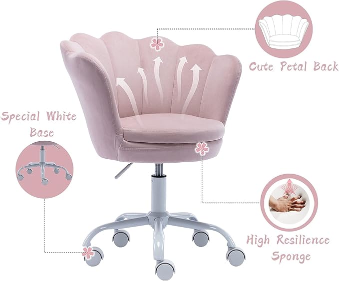 chairus Cute Kids Desk Chair Velvet Living Room Accent Armchair Upholstered Teens Vanity Chair with Seashell Back, Adjustable Swivel Children Study Chair for Computer Homework, Pink