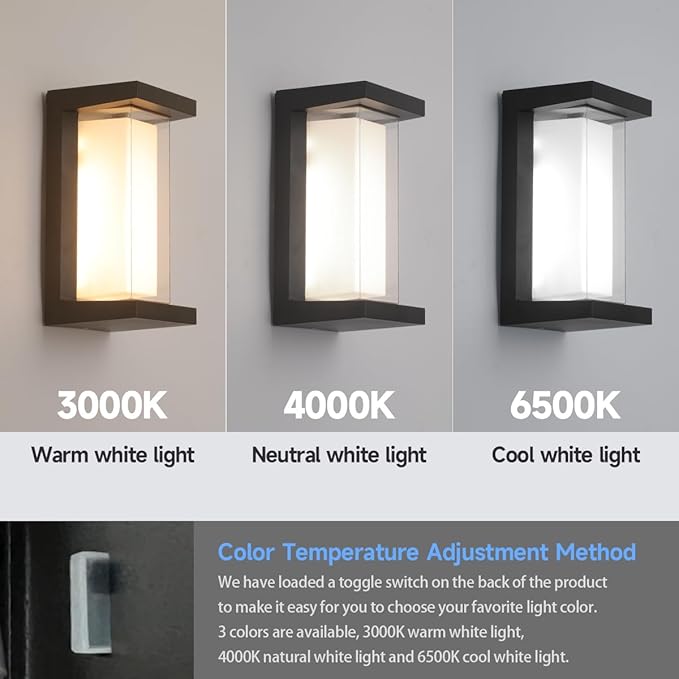 FUPE 24W LED Outdoor Wall Lights 3 Color Exterior Wall Sconce Outside Light Fixtures Exterior Porch Wall Lighting with Double Shade, Modern Matte Black Wall Lamps for Patio Front Door Entryway, 1-Pack