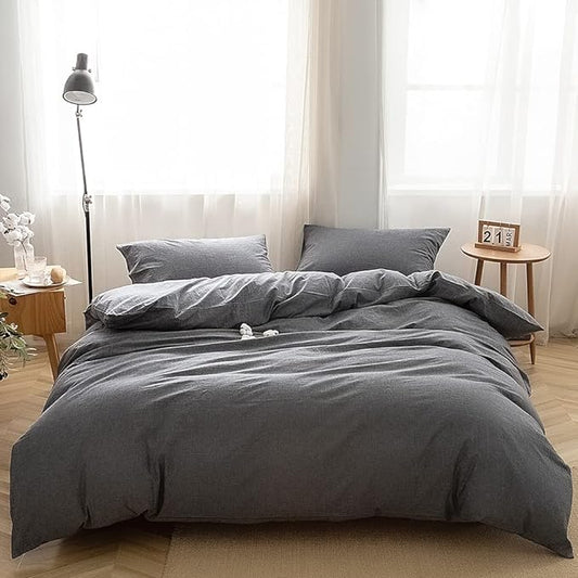 FACE TWO FACE Bedding Duvet Cover Set 3 Pieces 100% Washed Cotton Duvet Cover Linen Like Textured Breathable Durable Soft Comfy (King, Gray)