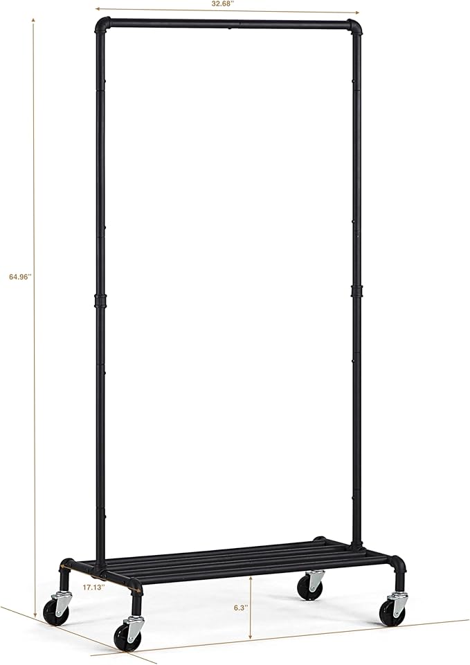 SunnyPoint Industrial Loft Style Rolling Garment Rack - Rolling Clothes Organizer (Single Rack)