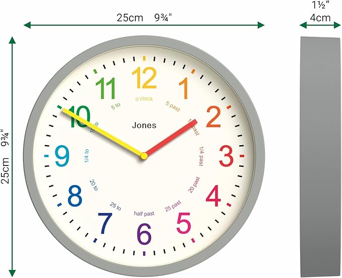 JONES CLOCKS® Kids Wall Clock | Small Modern Children’s Nursery Clock | 25cm | Gray | Colourful dial for Learning to Tell The time