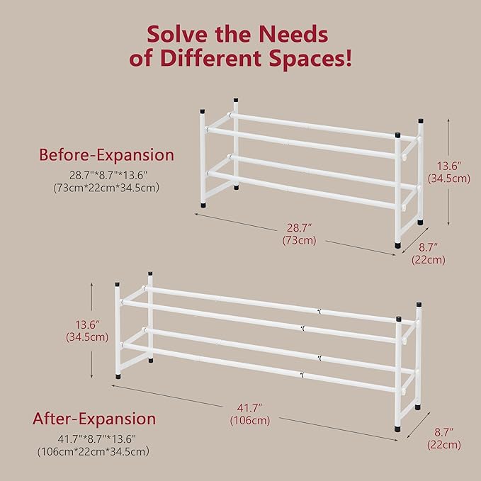 Tajsoon Expandable Shoe Rack for Closet 2 Tier, 28“-41“ Adjustable & Stackable Shoe Shelf Storage, Metal Shoe Rack Organizer for Front Door Entrance, Closet, Garage, Entryway, White