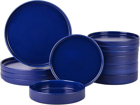 222 Fifth Kaden 12-Piece Blue Porcelain Dinnerware Set – Service for 4, Plate & Bowl Set, Contemporary Design, for Everyday Dining & Entertainment, Microwave & Dishwasher Safe