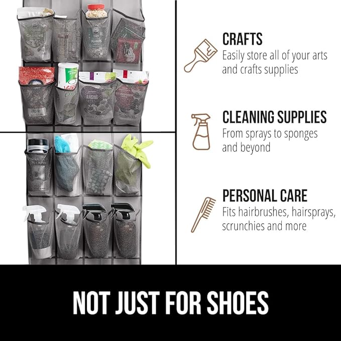 GORILLA GRIP Over the Door Shoe Organizer, 24 Large Breathable Mesh Pockets, Space Saving Hanging Storage Holder, Closet Rack Hanger Holds Up to 40 lbs, Hangs on Closets for Shoes, Accessories, Gray