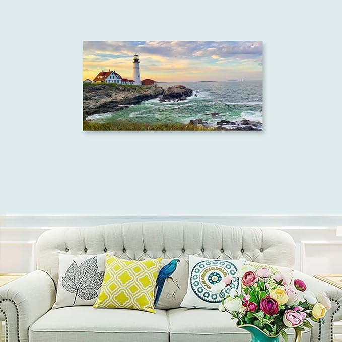 tigeridge Portland Head Light Wall Art Sunset Lighthouse Canvas Wall Art for Living Room Ocean Canvas Pictures Seascape Artwork Canvas Prints Office Home Wall Decor Framed Ready to Hang 20" x 40"