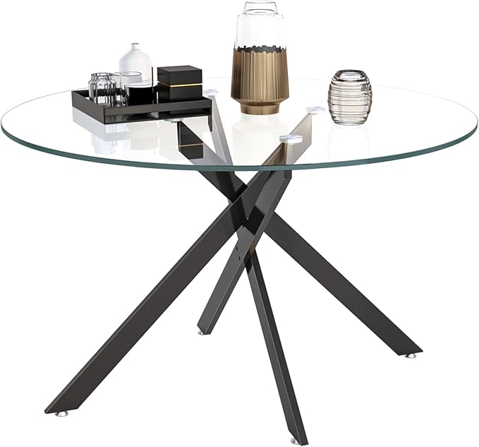 47.24" Round Glass Dining Table Modern Kitchen Glass Top Table for 6 with Black Metal Legs, Clear Dining Table Kitchen Table for Home Office Dining Room