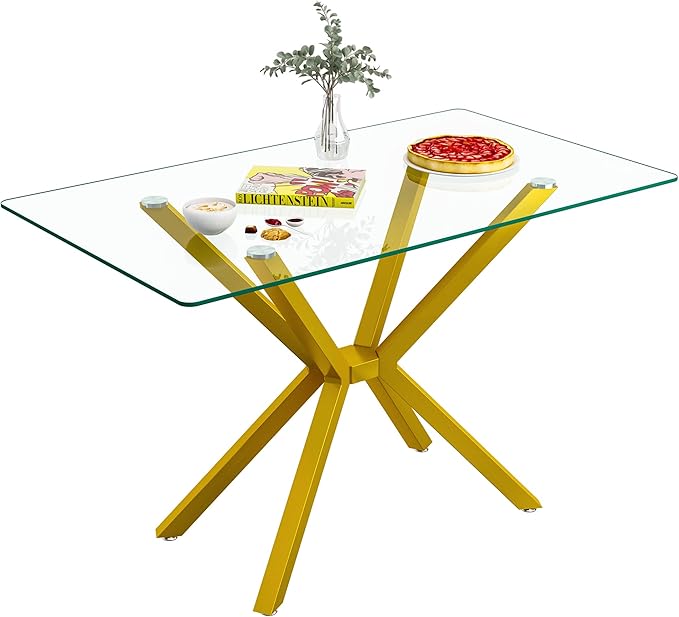 Modern Rectangular Glass Dining Table with Tempered Glass Top and Metal Legs - Perfect for Home, Kitchen, Dining Room