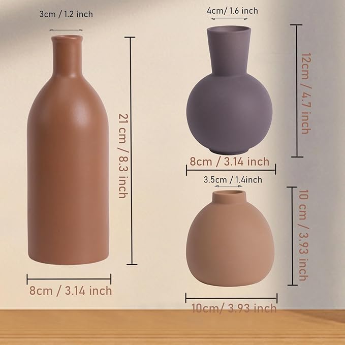 Ceramic Vase Set of 3, Rustic Modern Brown Vases for Bouquet, Fresh or Dried Plants, Home Decor-Modern Decorative Ceramic Flowers Vase for Rustic Home Decor (Brown- Grey)