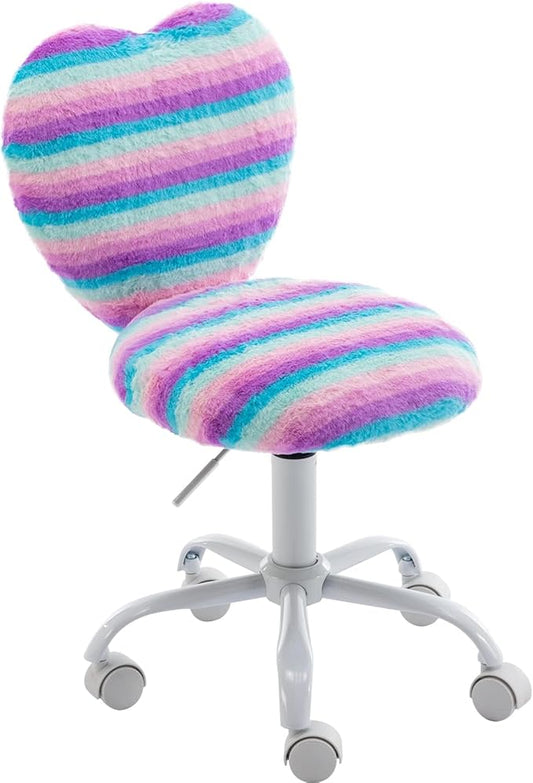 Cute Fuzzy Kids Chair for Teenage Girls - Rolling Study Desk with Adjustable Heart Shaped Reading Vanity for Bedroom, Rainbow