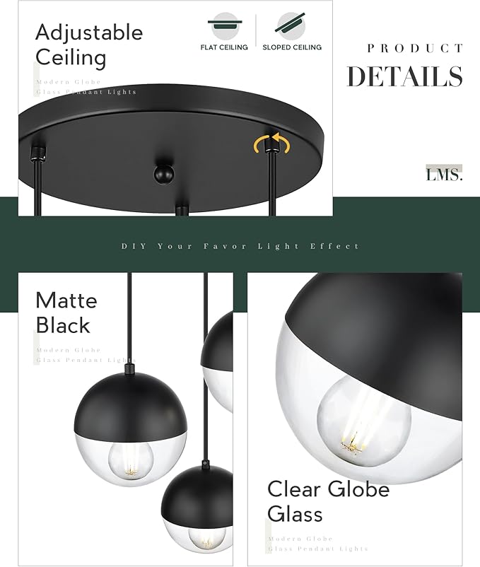 LMS Modern 3-Light Cluster Pendant Lights, Matte Black Kitchen Island Light Fixtures with Clear Globe Glass Shade, Adjustable Hanging Light for Bathroom Bedroom Dining Room Living Room, LMS-186BKC3