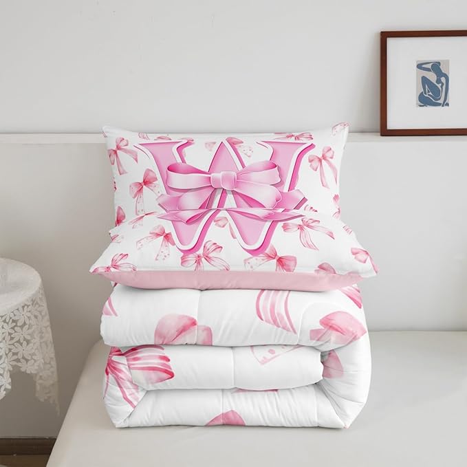 jejeloiu Kids Girls Cute Pink Bow Comforter Set Queen Size Monogrammed Bedding Set Ultra Soft Personalized Initial W Duvet Quilt Coquette Bow Knot Quilt Set Room Decor Modern Fashion Comforter