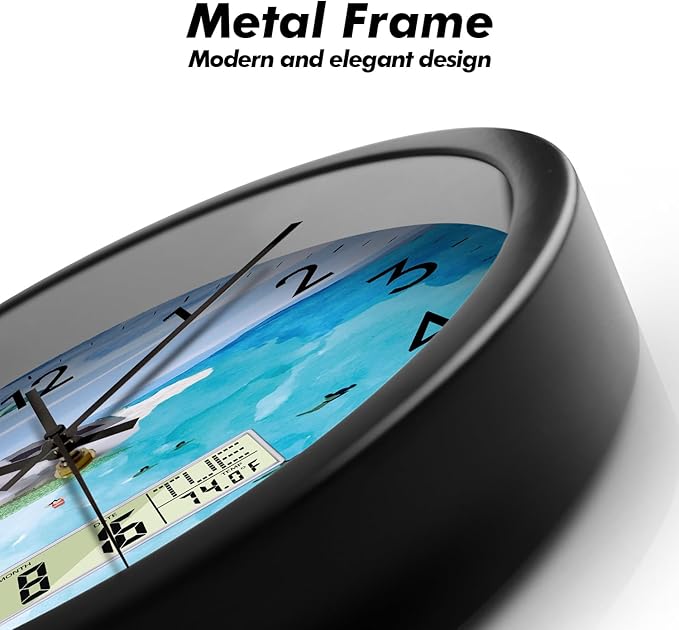 Silent Wall Clock with Temperature Day and Date Blue Mountain and Sea Beach Non-ticking Kitchen Clock Digital Large Display Battery Operated Clocks Decor for Bathroom Living Room Office 14 Inch