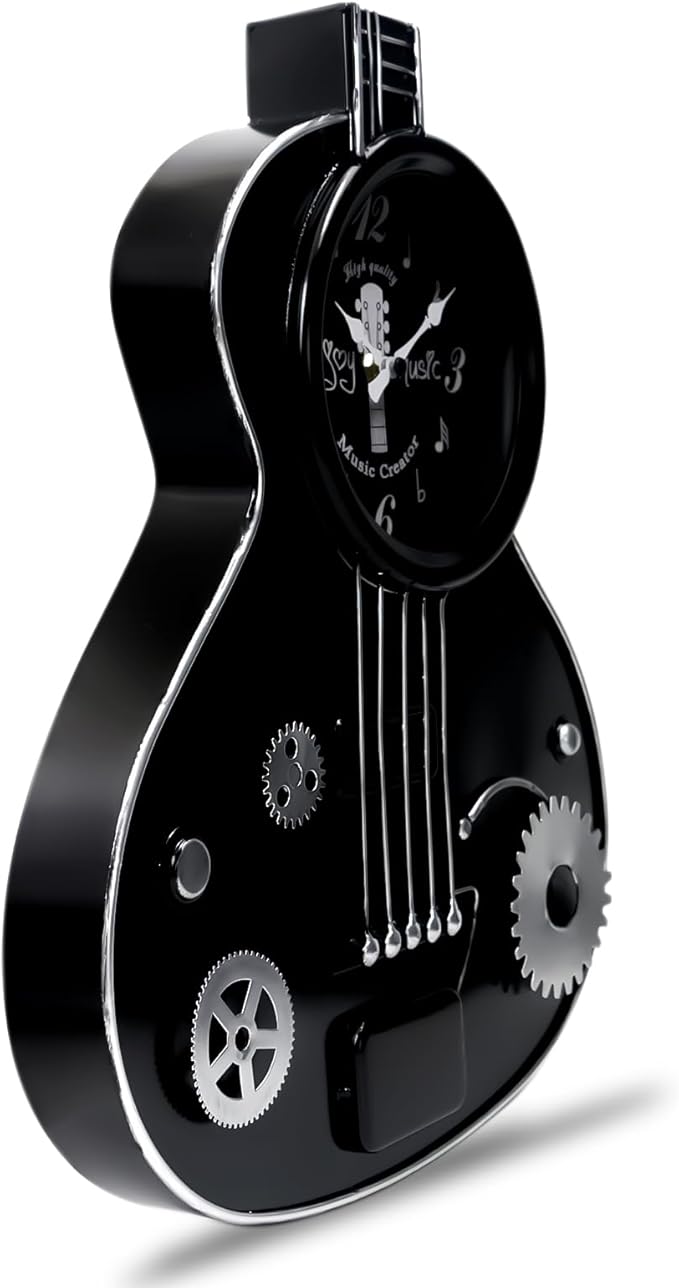 Metal Guitar Wall Clock Musical Decor for Music Lovers,H16 inches Guitar Players, Music Teachers, Studio, Bedroom, Office Silent Non-Ticking Clock – Black Industrial Steampunk Style Gift for Men