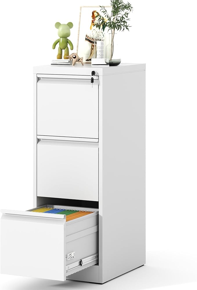 File Cabinet, Vertical File Cabinets with Lock for Home Office,Heavy Duty Office Steel Filing Cabinet for Hanging Letters/Legal/A4, Assembly Required (White, 3 Drawers)