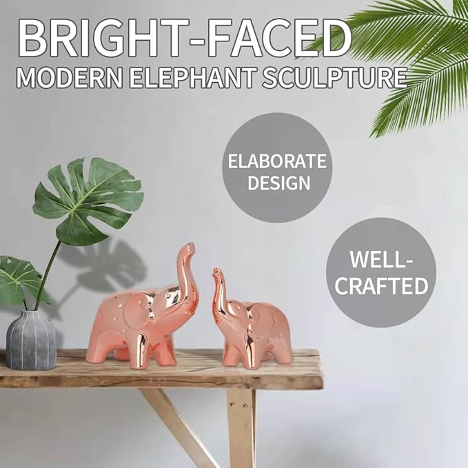 A Pair Elephant Statue Home Decor,Modern Style Figurines,Sculpture for Office Desktop Bookshelf Living Room (Ceramics Rose Gold)