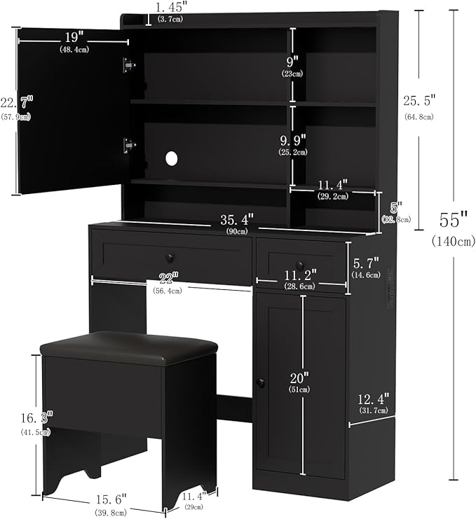 Vanity Table with Hidden Storage & LED Mirror - Includes Padded Stool, 5 Compartments, 2 Drawers & 1 Storage Cabinet - Ideal Bedroom Makeup Dressing Table Black