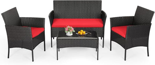 FDW | 4-Piece Patio Furniture Set | Red | Outdoor Wicker Furniture with Coffee Table | Modern Rattan Chairs Conversation Set | Outdoor Seating | Weather-Resistant | for Porch, Garden, Lawn