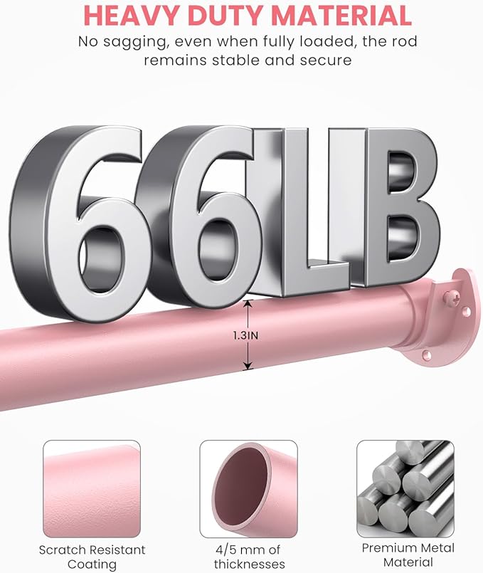 Closet Rods for Hanging Clothes, 17 to 99 Inches Stepless Adjustable Metal Closet Rod, 1.3 Inches Heavy Duty Clothes Hanging Rod for Closet Wardrobes Laundry RV, Pink