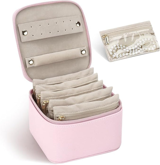 DesignSter Small Jewelry Box, Travel Small Jewelry Organizer with Earring Tray and Ring Holder,Square Travel Jewelry Storage Case with 6 Velvet Jewelry Pouches, Pink