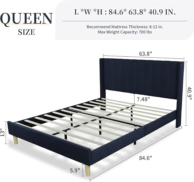Queen Size Upholstered Platform Bed Frame with Modern Wingback & Vertical Panel Headboard, Linen Fabric, Wooden Legs & Slats Support, No Box Spring Needed, Noise-Free & Easy Assembly, Dark Blue