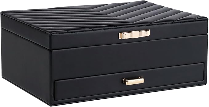 HofferRuffer Jewelry Box with Drawer for Women‌ Girls, Faux Leather Storage Jewelry Organizer Jewelry Case with Two Layers Display for Earrings Rings Necklaces (Black)