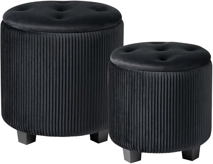 Round Ottoman with Storage Set of 2-Upholstered Sherpa Vanity Stool for Makeup Multifunctional Ottomans Coffee Table Padded Seat Foot Rest (Engineered Wood, Large Black)