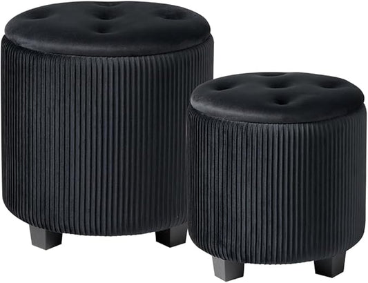 Round Ottoman with Storage Set of 2-Upholstered Sherpa Vanity Stool for Makeup Multifunctional Ottomans Coffee Table Padded Seat Foot Rest (Engineered Wood, Large Black)