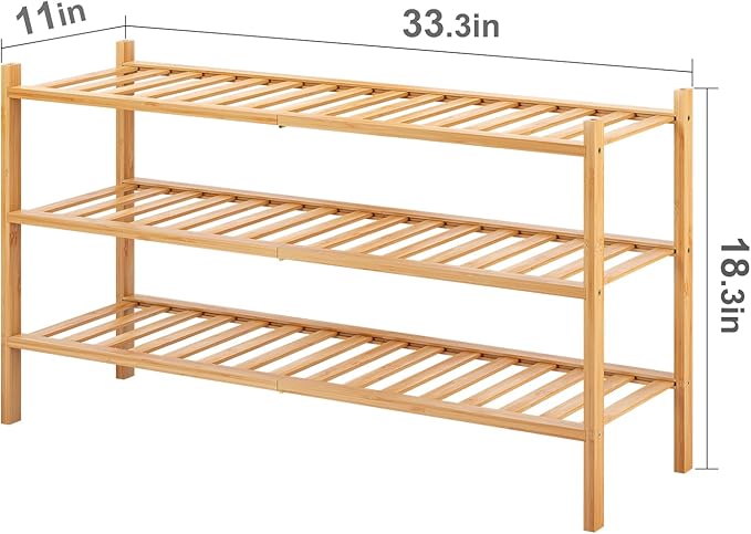 Long Shoe Rack, 3-Tier Bamboo Stackable Shoe Shelf Storage Organizer, Shoe Stand for Closet, Entryway and Hallway