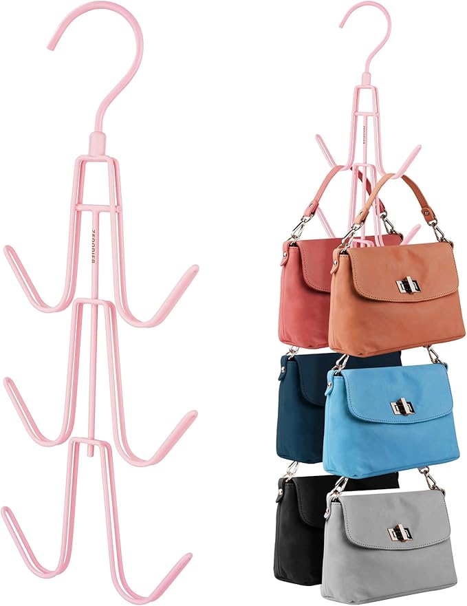 ZEDODIER Purse Hanger Organizer for Closet, 2 Pack Hanging Bag Holder, Keeping Purses Visible and in Good Condition, Metal Handbag Storage Hook Backpack Rack Space Saving Hanger, Pink