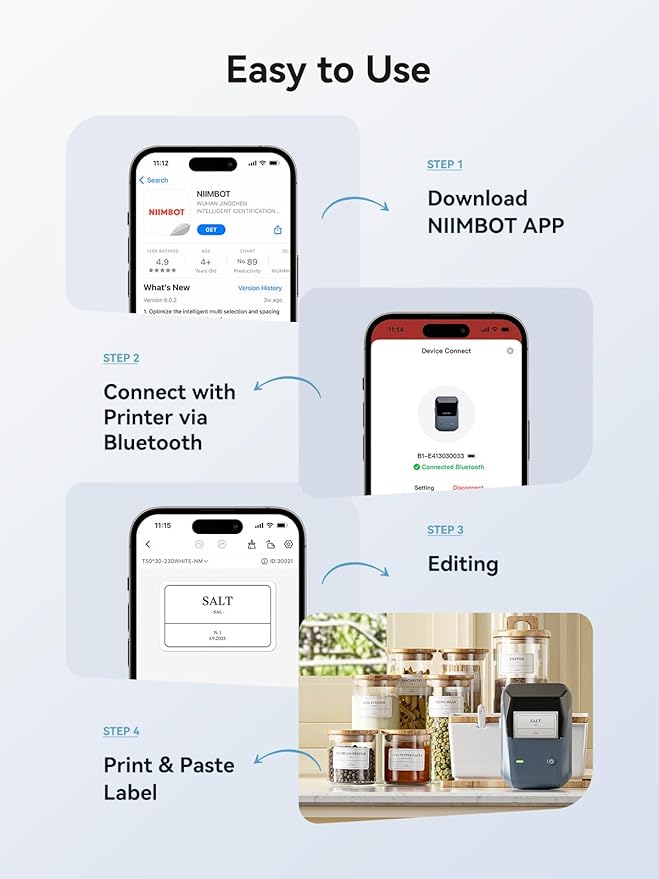 NIIMBOT B1 Label Maker, Bluetooth Portable Thermal Printer Machine with Large Waterproof Tape and Multiple Templates for Small Business,Office,Home,School, 2 Inch (Blue, 1 Printer+3 Roll Label)