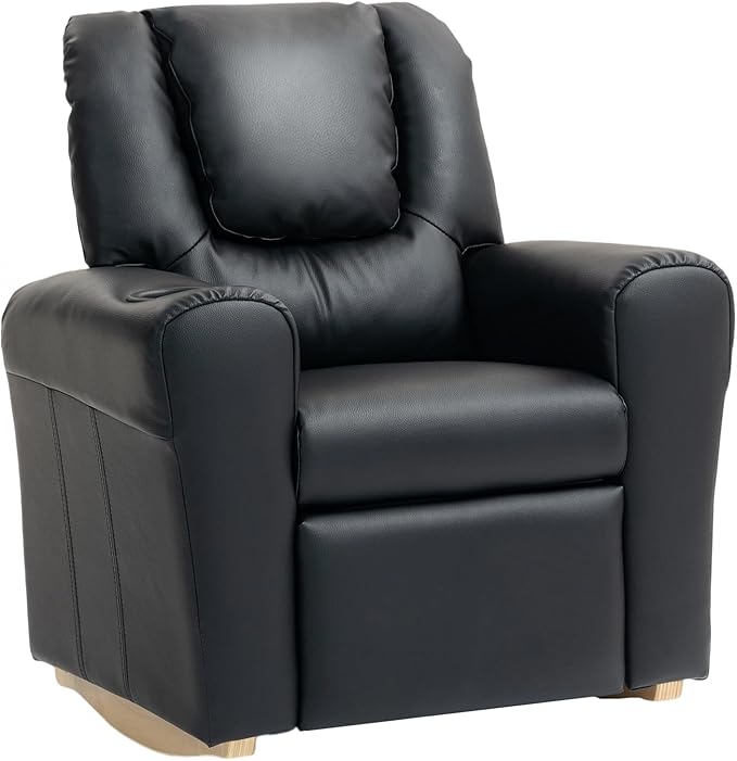 AVAWING Kids Recliner Chair with Cup Holder, Leather Toddler Recliner with Adjustable Backrest, Curved Rocking Legs and Comfy Armrests for Bedroom or Nursery (Black)