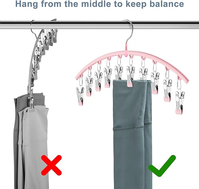 Metal Yoga Pants Hangers 1 Pack w/10 Clips Holds 10 Leggings, Space Saving Hanging Closet Organizer w/Rubber Coated Closet Organizers and Storage, Pink