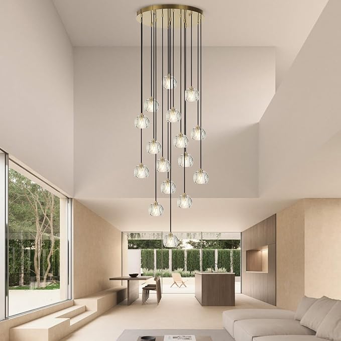 Foyer Crystal Chandelier, 16 Lights Brushed Brass High Ceiling Pendant Chandelier, Modern Cut Crystal Raindrop Entryway Lighting Fixture for Staircase
