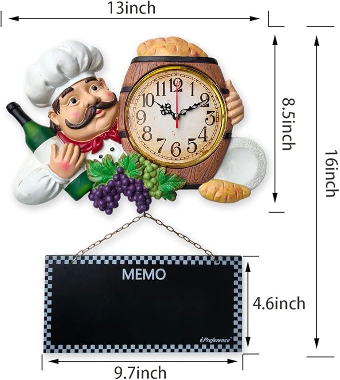 2 in 1 Wall Clock and Black Board with Chef Décor Display and Leave Your Message on The rewritable Black Board, Decoration/Home/Kitchen/Livingroom/Dining Room/Restaurant/Bar/Cafe