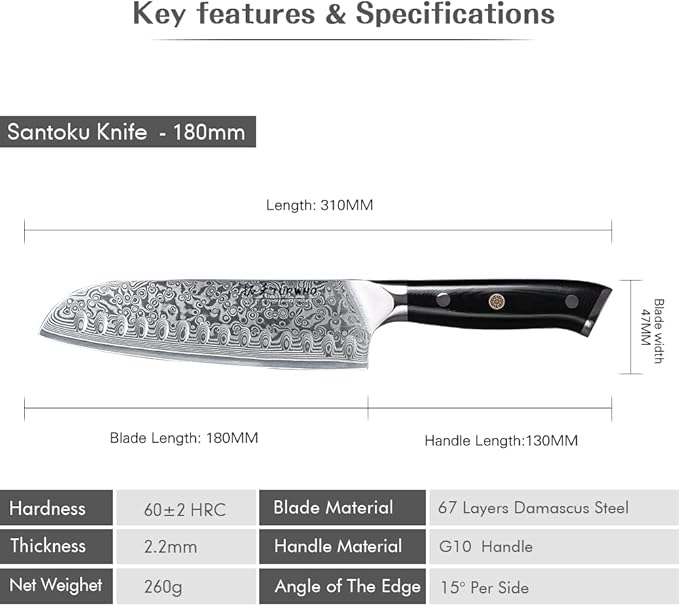 Professional Santoku Knife 7 inch - Classic Damascus pattern Japanese VG-10 Steel Chef Knife