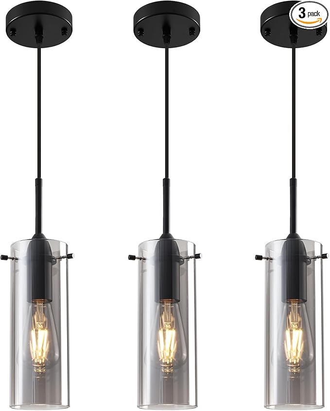 Smoke Gray Glass Pendant Lights Kitchen Island 3 Packs, Kitchen Pendant Lighting Over Island, Modern Hanging Pendant Light, Light Pendants for Kitchen Island, Living Room, Bathroom, Bedroom