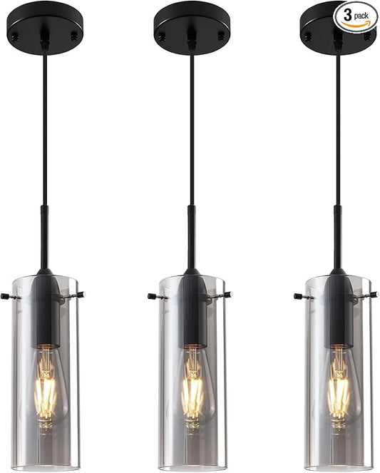 Smoke Gray Glass Pendant Lights Kitchen Island 3 Packs, Kitchen Pendant Lighting Over Island, Modern Hanging Pendant Light, Light Pendants for Kitchen Island, Living Room, Bathroom, Bedroom