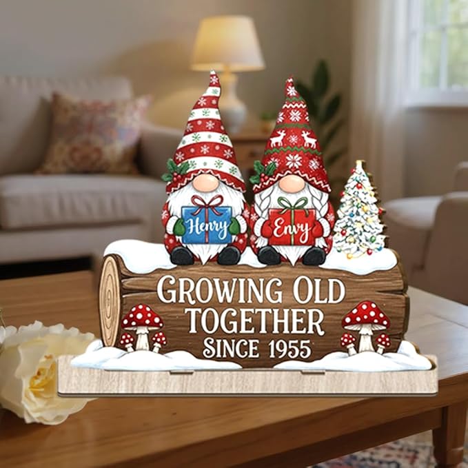 Growing Old Together Christmas Decor,Personalized Gnome Couple Wooden Plaque, Holiday Gift for Parents or Grandparents, Romantic Wooden Sign Keepsake for Couples, Winter Anniversary Decoration