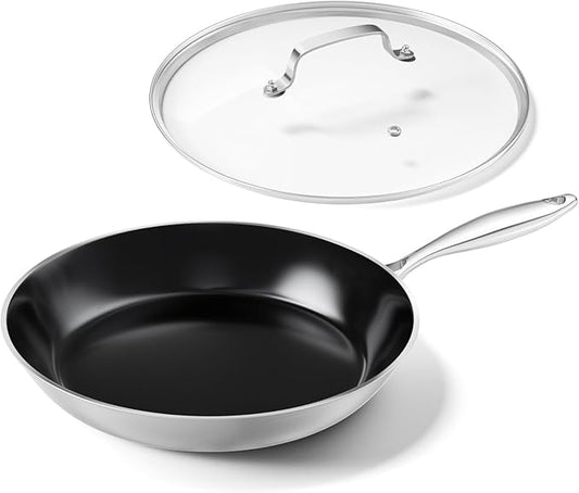 Stainless Steel Frying Pan with Lid 12 inch Titanium Ceramic Nonstick Frying Pan,Skillet with Stay-Cool Handle Non Toxic Healthy Ceramics Egg Pans,PFAS PFOA PTFE Free,Suitable for All Stove